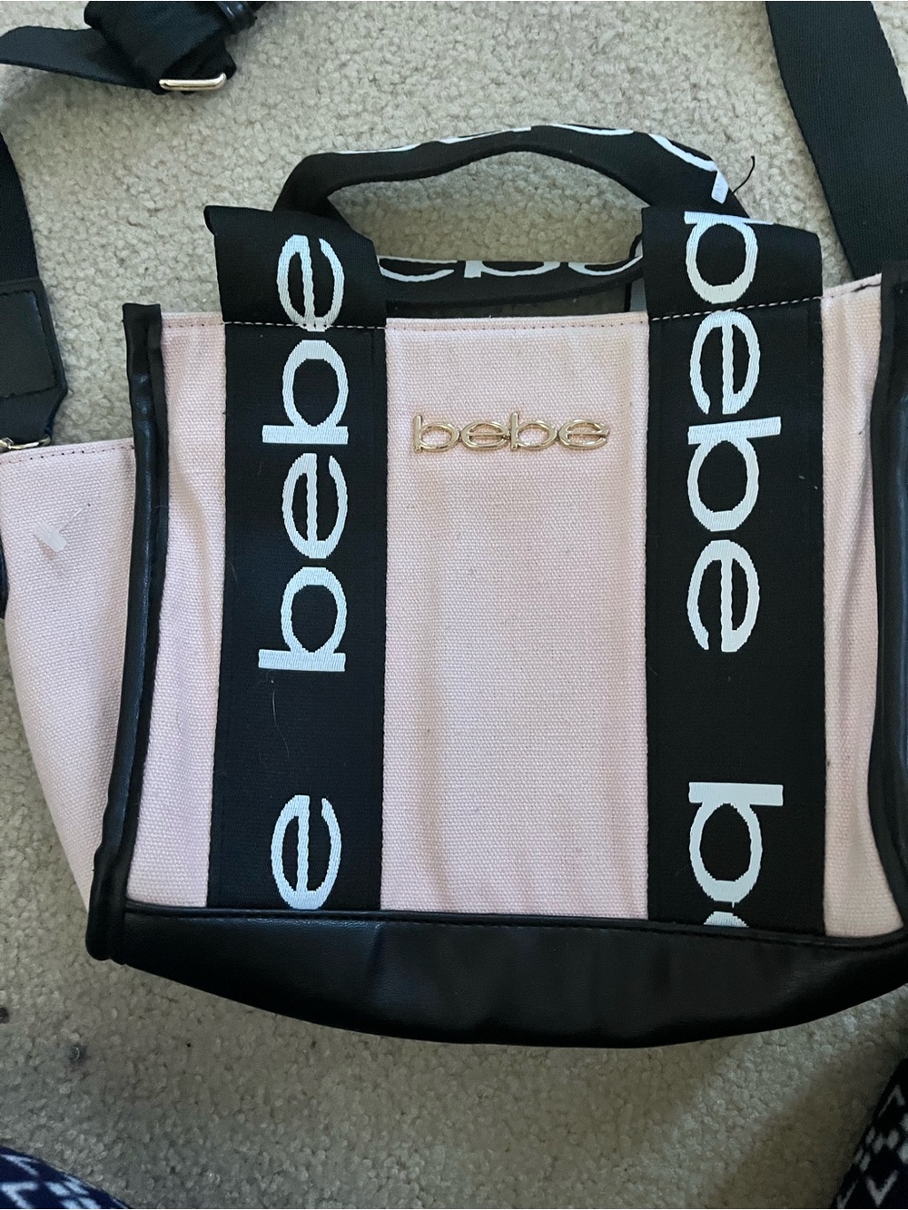 bebe Pink Canvas Logo Tote with Black Straps and Gold Emblem